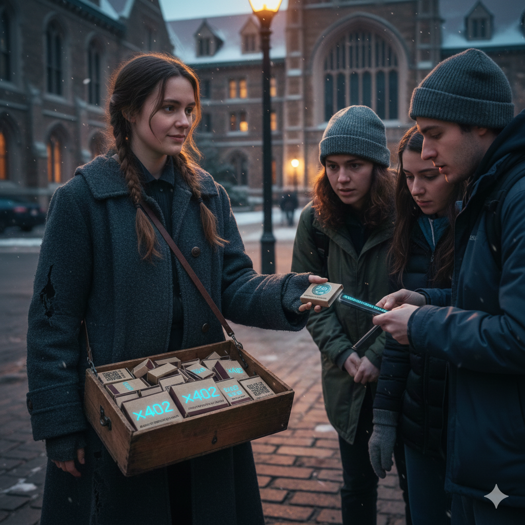 Alice selling X402 matchbooks to students